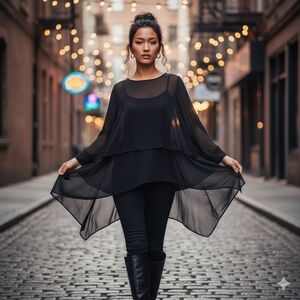 EUC VINTAGE Y2K Sterling Styles L Top | Black Sheer Layered Handkerchief Hem Top